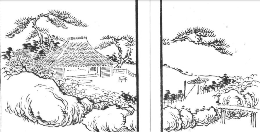 Historical chakaizuroku illustration of a tea house and garden